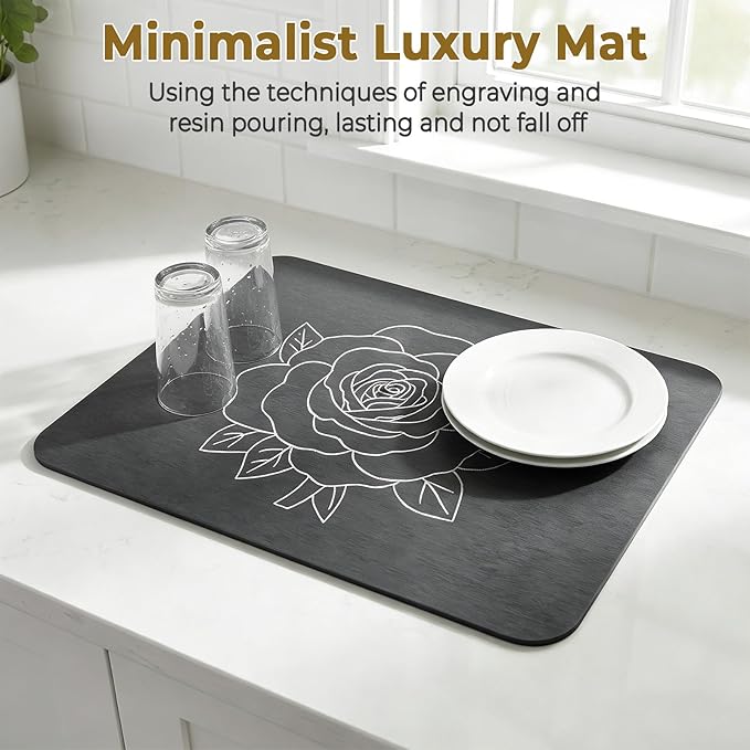 Stone Dish Drying Mat for Kitchen Counter, Glittery Resin Rose Pattern Quick - Image 4