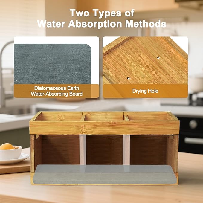 Kitchen Utensil Holder for Counter Extra Large Bamboo Wooden Utensil Organizer - Image 3