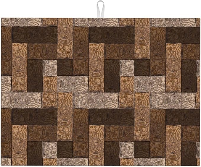 Brown Beige Dish Drying Mat Parquet Pattern Wooden Style Drying Rack Pad by Unknown