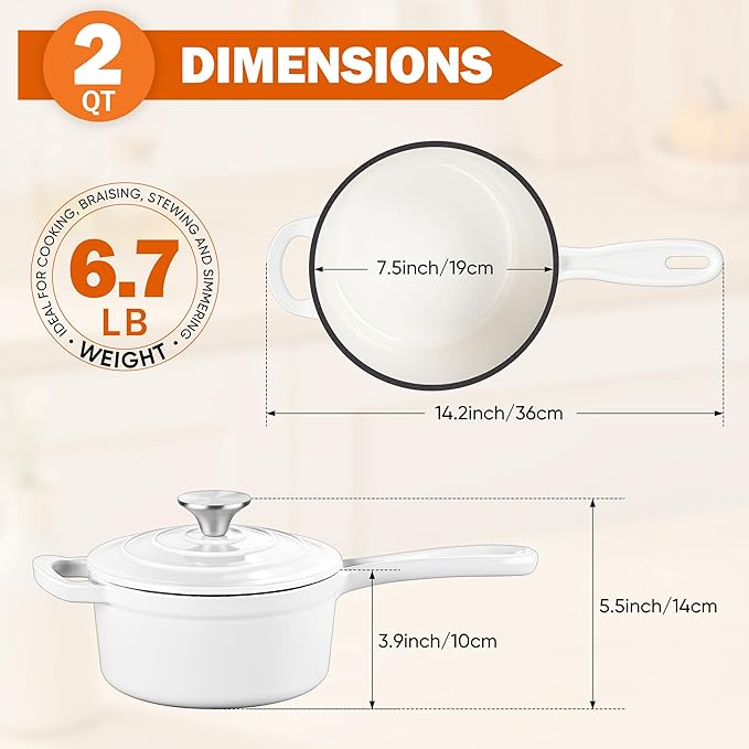 Homikit Small Cast Iron Pot, 2 Quart Enameled Cast Iron Sauce Pan - Image 2