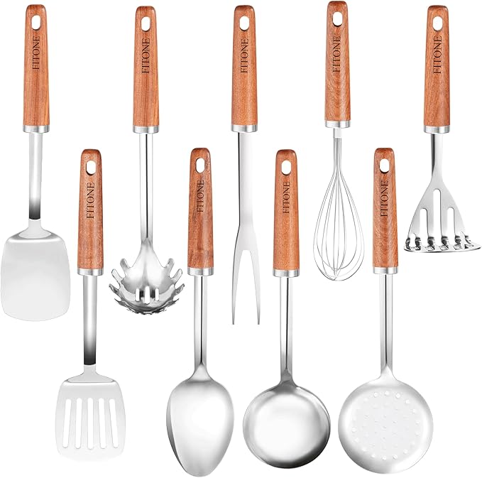 9PCS 18/8 Stainless Steel Kitchen Utensils Set, Heavy Duty Wooden Handle by Unknown