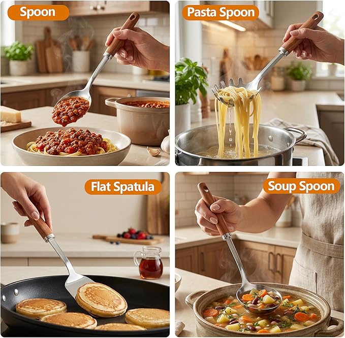 9PCS 18/8 Stainless Steel Kitchen Utensils Set, Heavy Duty Wooden Handle - Image 4