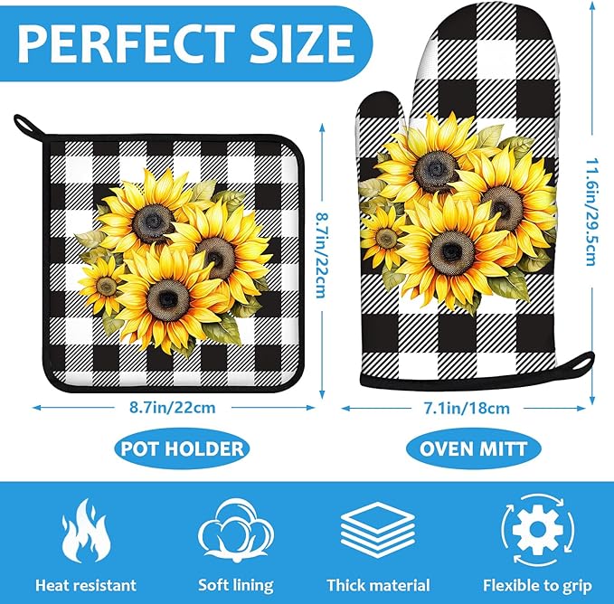 Sunflower Oven Mitts and Pot Holders Sets Heat Resistant 4Pcs Black White - Image 2