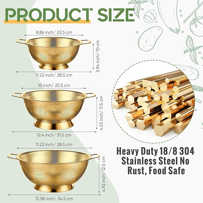 Bokon 3 Pcs Stainless Steel Colander Set Colander Bowl and Sieves 1/3/5 Quart - Image 2