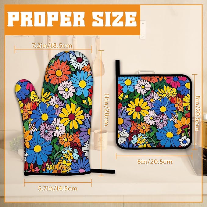 Abstract Hippie Flower Oven Mitts and Pot Holders, Heat Resistant Oven Mitts - Image 2