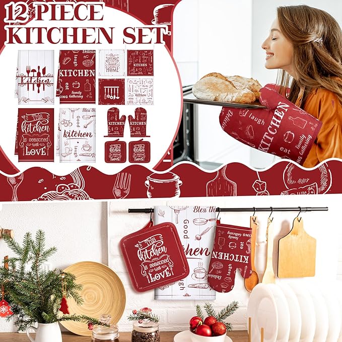 Bencailor 12 Pcs Farmhouse Kitchen Decor and Accessories Sets 4 Red Kitchen - Image 2