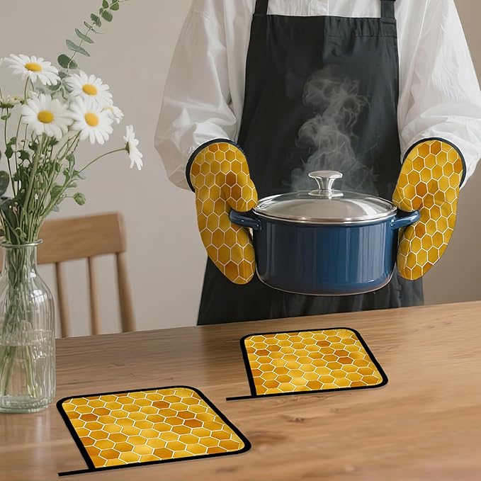 Honeycomb Oven Mitts and Pot Holders Set, Bee Kitchen Decor Heat Resistant Non - Image 7