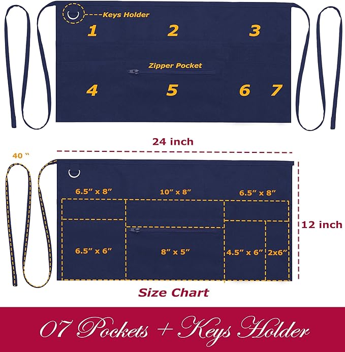 7 Pockets Server Aprons with Zipper Pocket - Image 3
