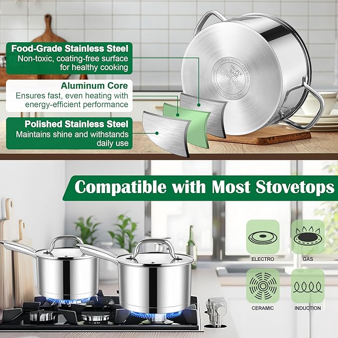 E-far 10-Piece Stainless Steel Cookware Set, Induction Pots and Pans Set - Image 3