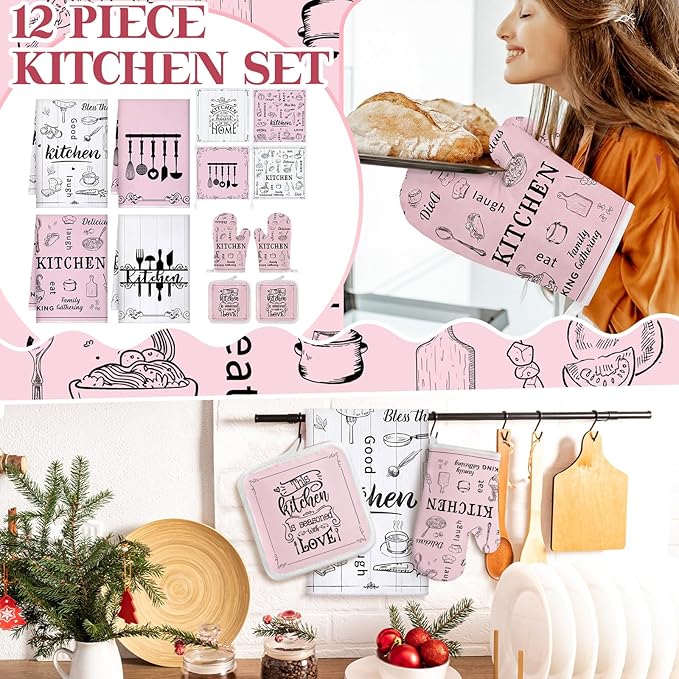 12 Pcs Farmhouse Pink Kitchen Decorations Sets 4 Pink and White Kitchen Towels - Image 2