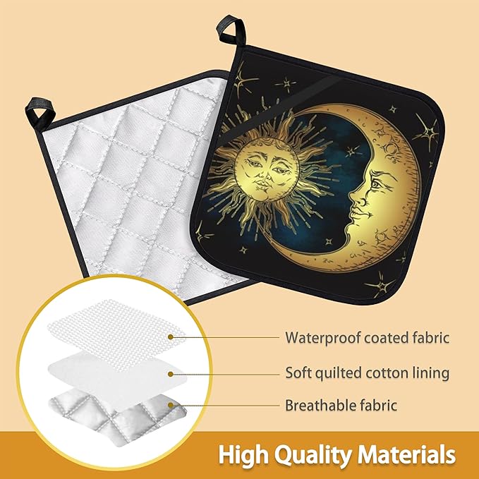 Celestial Moon Golden Sun Boho Chic Stars Pot Holder Set of 2, Heat Resistant - Image 3