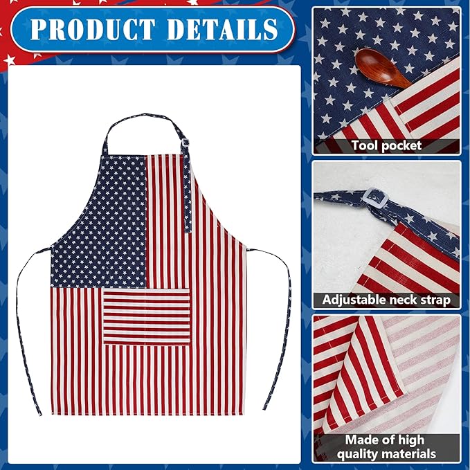 SATINIOR USA 4th of July Flag Kitchen Chef Hat Adjustable Apron 250th - Image 3