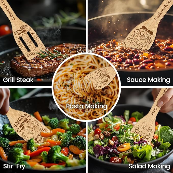 CUTHOLLOW 6PCS Chef Gnome Wooden Kitchen Cooking Utensil Set, 11.9in Non Toxic - Image 4