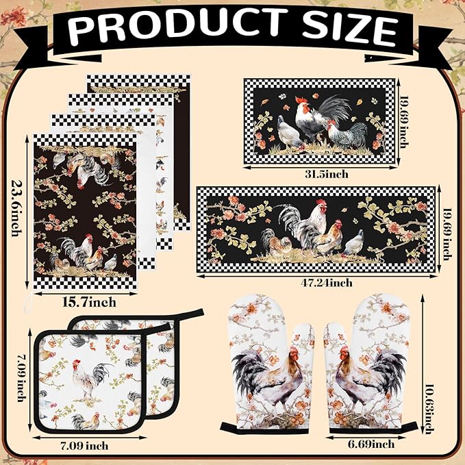Fourluoo 10 Pcs Rooster Kitchen Dish Towels Rugs Oven Mitts and Pot Holders Set - Image 3