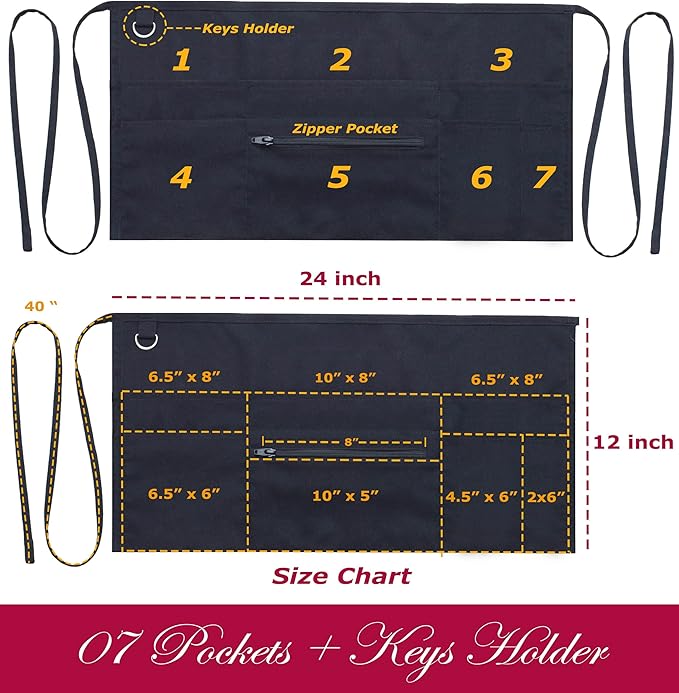 7 Pockets Server Aprons with Zipper Pocket - Image 2