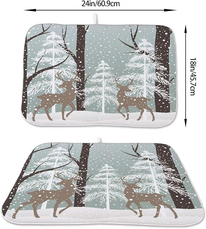 Winter Dish Drying Mat 18 x 24 inch Winter Landscape Snow Tree Deer Decorative - Image 2