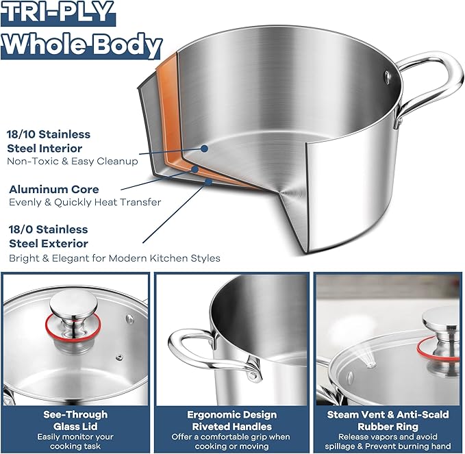 TeamFar 3.5 Quart Stock Pot, Tri-Ply Stainless Steel Pasta Cooking Pot - Image 3