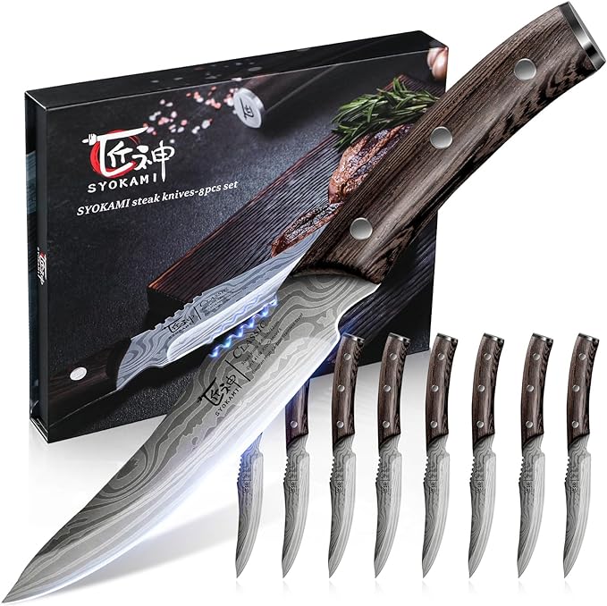 SYOKAMI Steak Knives Set of 8, 4.8 Inch Carbon Steel Japanese Style Non by SYOKAMI