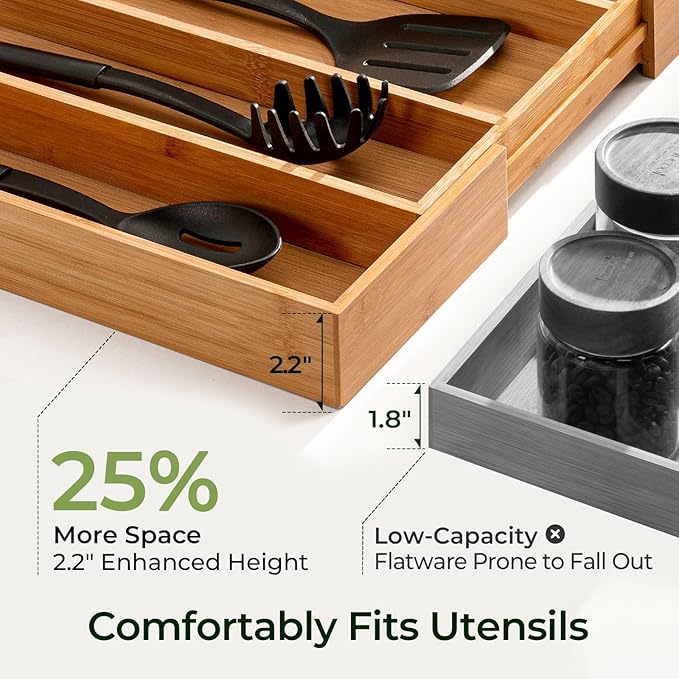 Carbonized Bamboo Kitchen Drawer Organizer, 5 Slots Expandable Silverware - Image 5