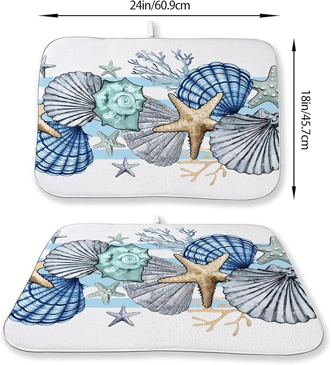 Nautical Coastal Starfish Dish Drying Mat 18x24 Inch Blue Beach Coral Shell - Image 3