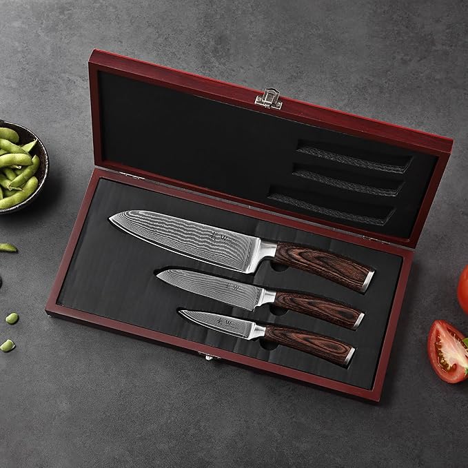 Wakoli EDIB 3-Piece Damascus Kitchen Knife Set in Wooden Gift Box, Razor Sharp - Image 5