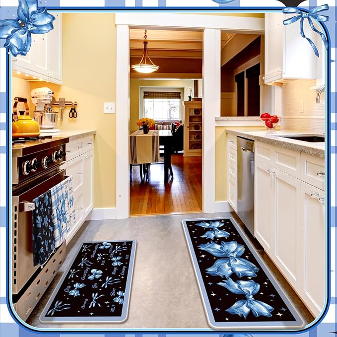 Fourluoo 10 Pcs Blue Bow Kitchen Decor Set Dish Towels Kitchen Rugs Oven Mitts - Image 7