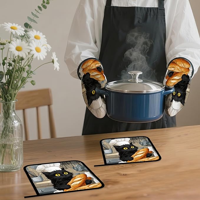 Cute Black Cat Oven Mitts and Pot Holders Set, Chef Kitchen Decor Heat - Image 7