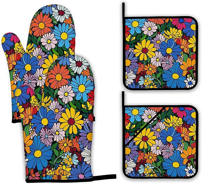 Abstract Hippie Flower Oven Mitts and Pot Holders, Heat Resistant Oven Mitts by Unknown