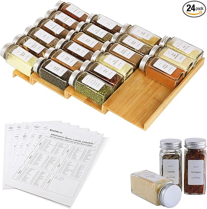 Spice Drawer Organizer with 24 Spice Jars, 216 Labels, 25 Non-slip Rubber by KitHero