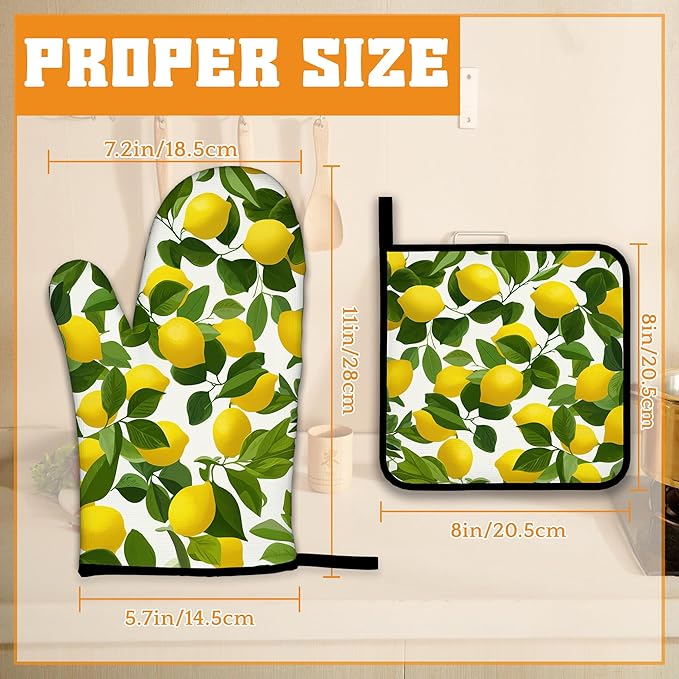 Lemon Oven Mitts and Pot Holders Set, Kitchen Decor Heat Resistant Non Slip Hot - Image 2
