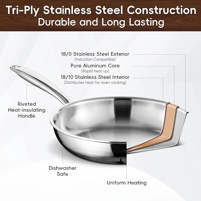 SuperCook 2 Pieces Tri-Ply Clad Stainless Steel Frying Pan, Steel Pans - Image 3