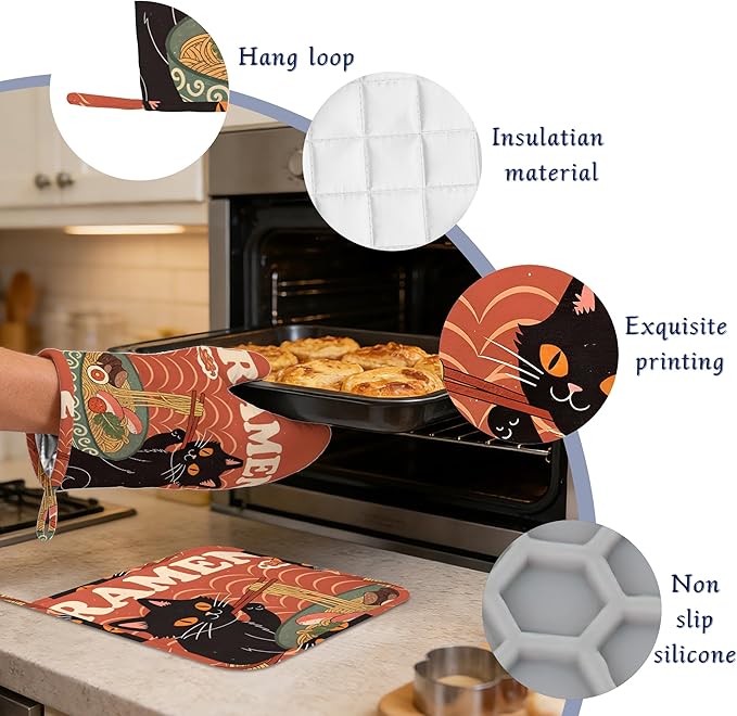 Black Cat Ramen Oven Mitts and Pot Holders Abstract Funny Silicone Kitchen - Image 4