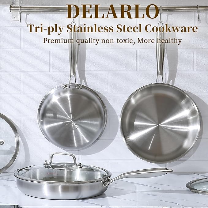 DELARLO Tri-Ply Stainless Steel Pan, 18/10 Frying Pan, Oven Safe Up to 600°F - Image 4
