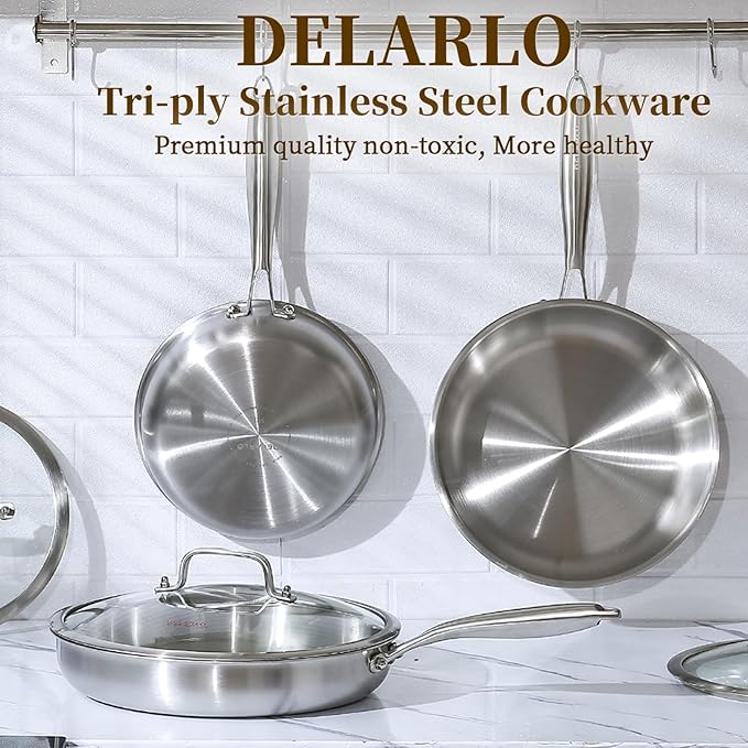 DELARLO Tri-Ply Stainless Steel Pan, 18/10 Frying Pan, Oven Safe Up to 600°F - Image 6