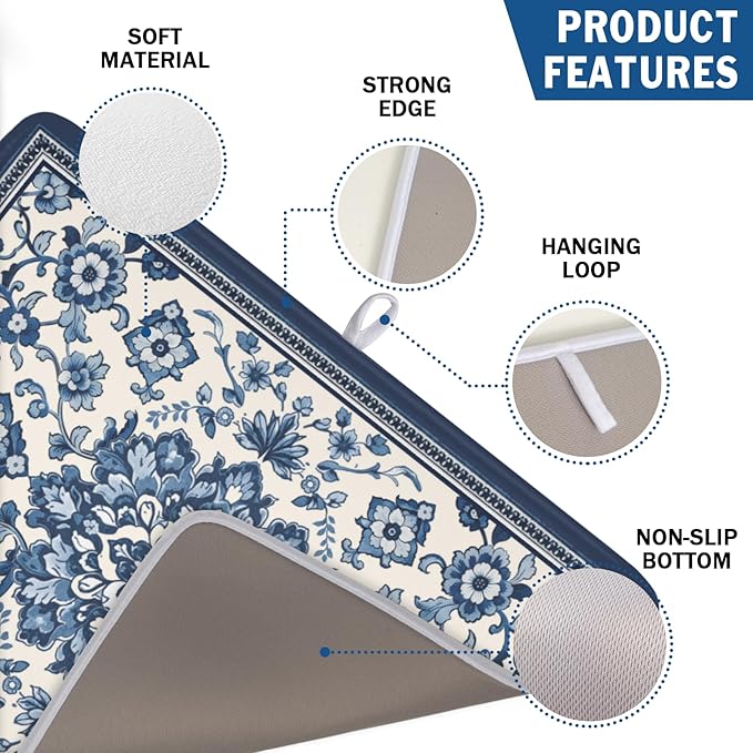 Blue Floral Dish Drying Mat for Kitchen Counter Vintage Flower Pattern - Image 2