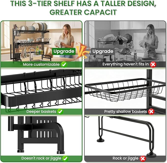 Over The Sink Dish Drying Rack, Adjustable 3 Tier Large Capacity Stainless - Image 5