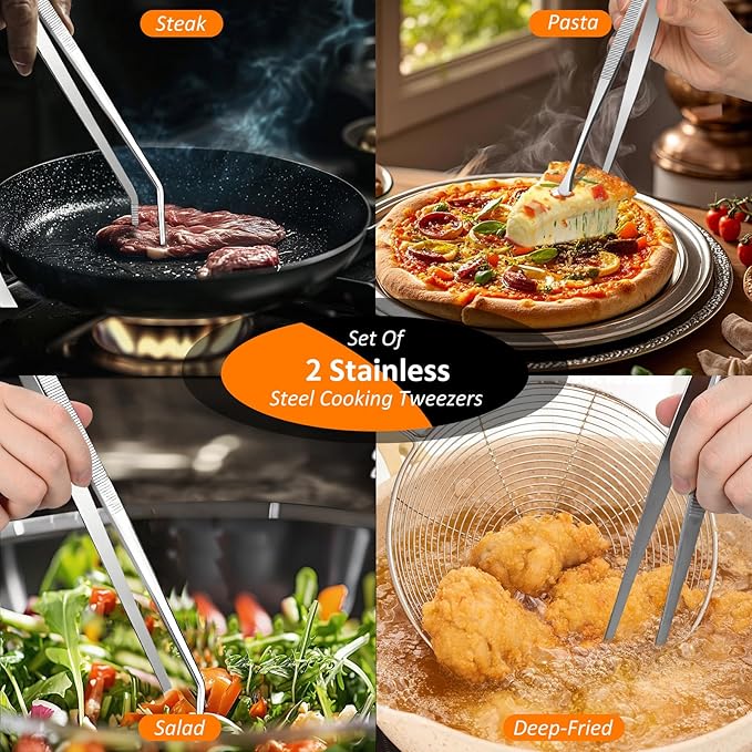 12-Inch 2-in-1 Kitchen Tongs Set, Round & Curved Stainless Steel BBQ Tongs - Image 5
