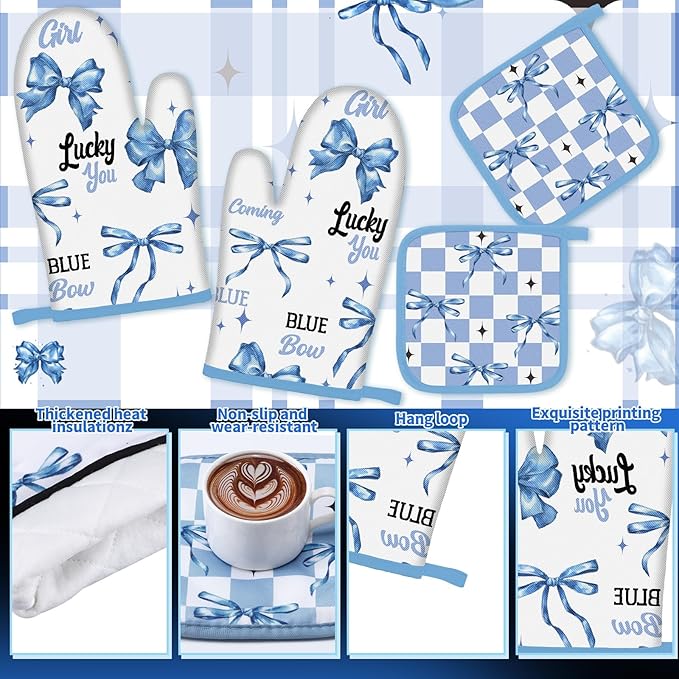 Fourluoo 10 Pcs Blue Bow Kitchen Decor Set Dish Towels Kitchen Rugs Oven Mitts - Image 5
