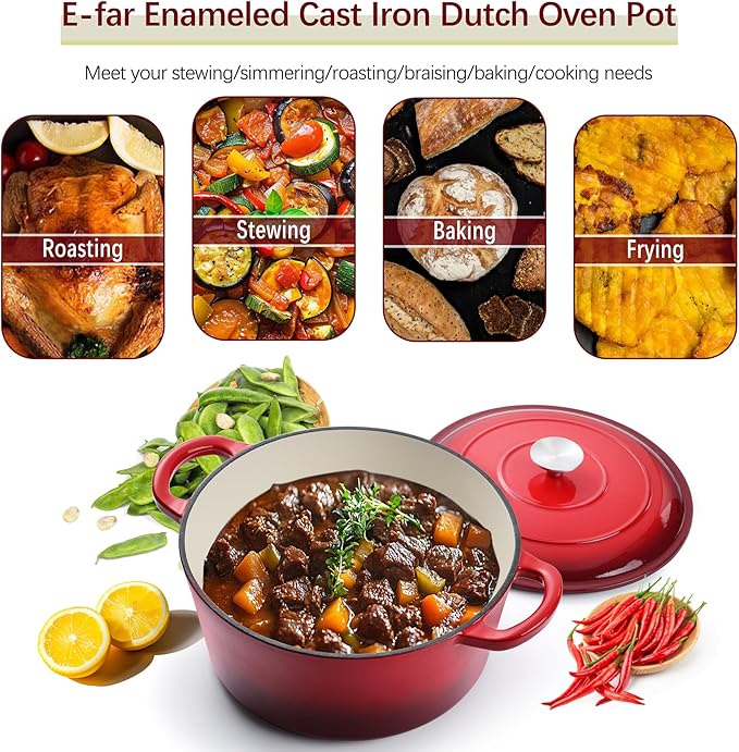 E-far 7QT Enameled Dutch Oven, Cast Iron Dutch Oven Pot - Image 3