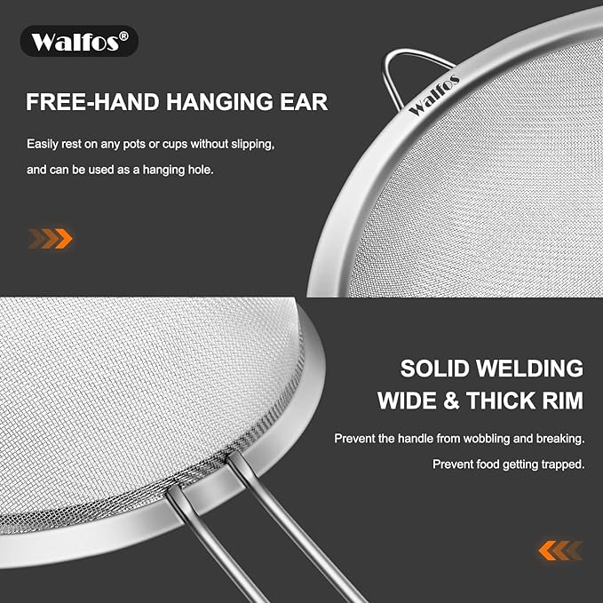 Walfos 9.35 Inch Large Fine Mesh Strainer, Stainless Steel 30 Mesh Sieve - Image 4