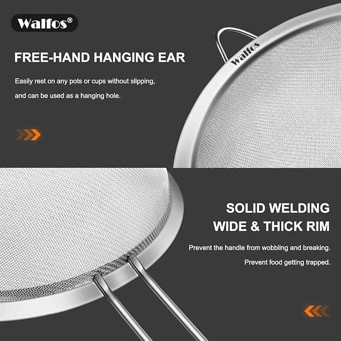Walfos Fine Mesh Strainers Set, Premium Stainless Steel Colanders and Sifters - Image 3