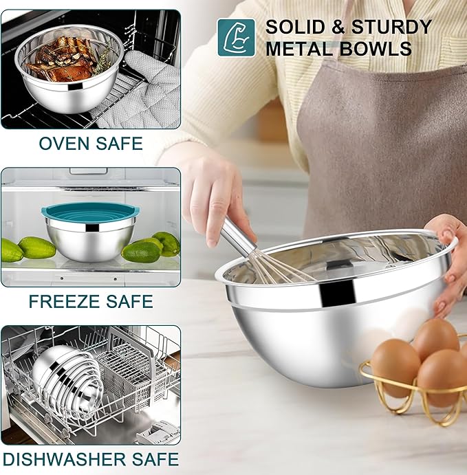 E-far Mixing Bowls with Lids Set, 7-Piece Stainless Steel Mixing Bowls with 3 - Image 5