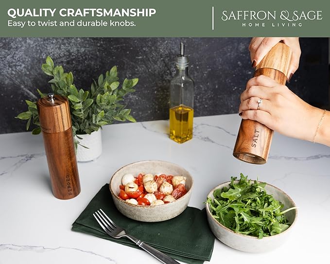 Saffron & Sage Premium Acacia Wood Salt and Pepper Grinder Set of 2-8” Tall - Image 3