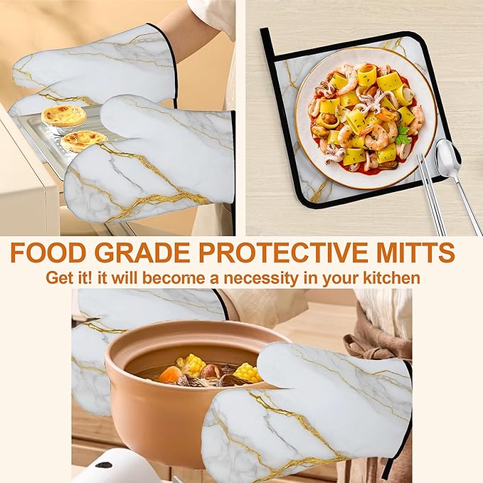 White Gold Marble Oven Mitts and Heat Resistant Pads - Image 5