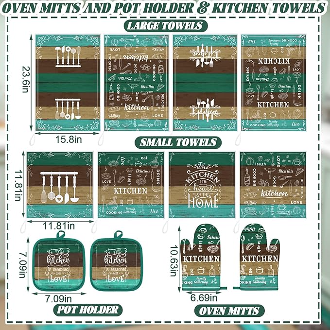 12 Pcs Farmhouse Kitchen Decor Sets 4 Teal Green Kitchen Towels 4 Teal - Image 3