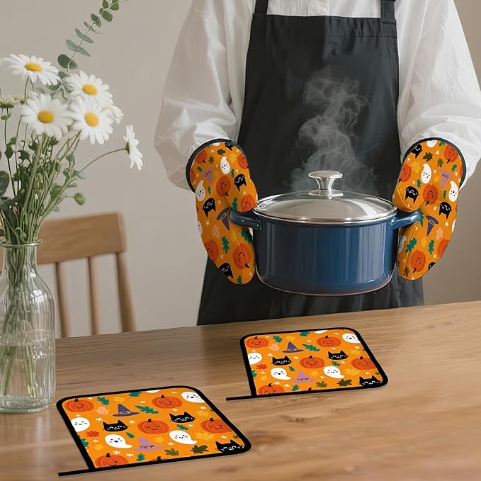 Halloween Pumpkins Oven Mitts and Pot Holders Set, Ghosts Black Cats Kitchen - Image 7