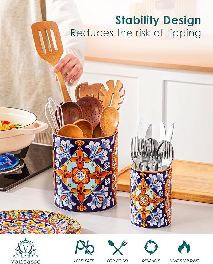 vancasso SIMI Utensil Holder, 7.3"+5.5" Porcelain Kitchen Utensil Holder - Image 3