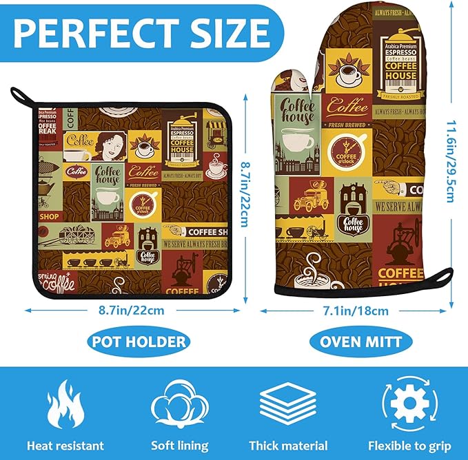 Coffee Theme Oven Mitts and Pot Holders Sets Heat Resistant 4Pcs Potholders - Image 2