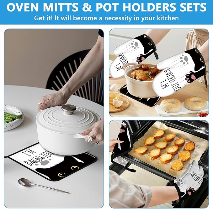 Funny Black Cat Oven Mitts and Pot Holders Sets Heat Resistant 4Pcs Potholders - Image 6