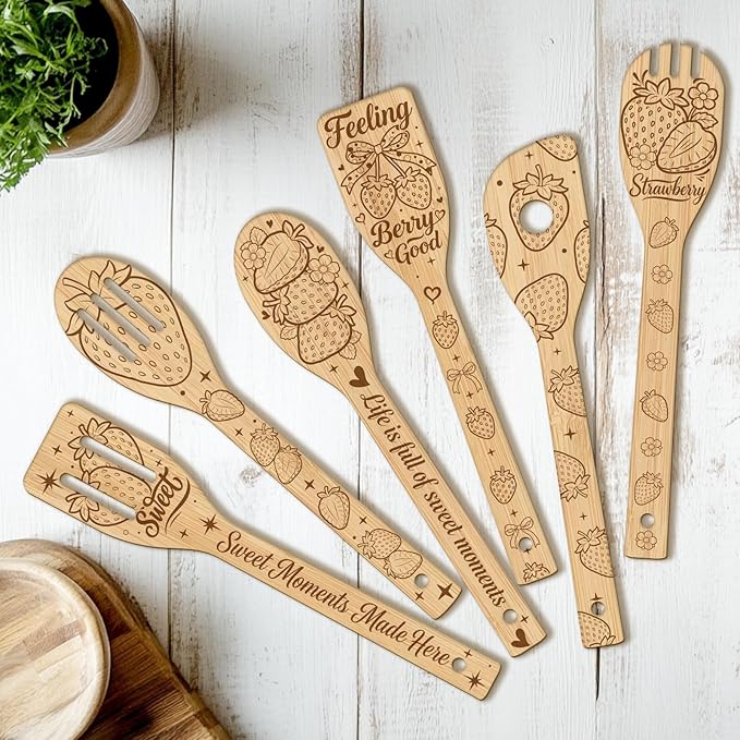 CUTHOLLOW 6PCS Strawberries and Flowers Wooden Kitchen Cooking Utensil Set by CUTHOLLOW